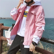 jaket jeans lelaki bomber jacket Denim men and women versatile gown ,loose students ,spring autumn holidays ,two hooded pinch couple pink jackets