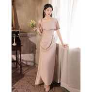 beige halter long new wedding dress civil wedding formal cocktail for bridesmaid guest women elegant