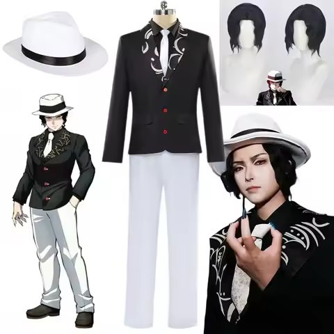 Anime Kibutsuji Muzan Cosplay Costume Ghost King Wig Black Uniform Suit White Hat Full Set Halloween