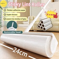 ✨✨Stick+10 Roll 【24CM】Sticky Lint Roller Detachable Rod Floor Lint Roller Long Pole Sticky Roller Mo