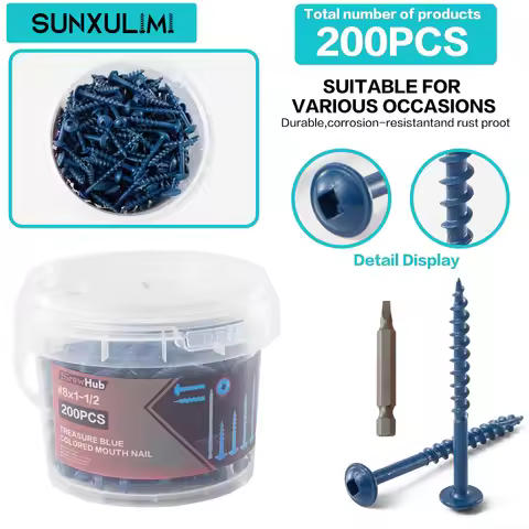 200/250/300-piece sets of #8 x 1-1/2, 8 x 1-1/4, and 8 x 1 external pocket hole screws, coarse threa