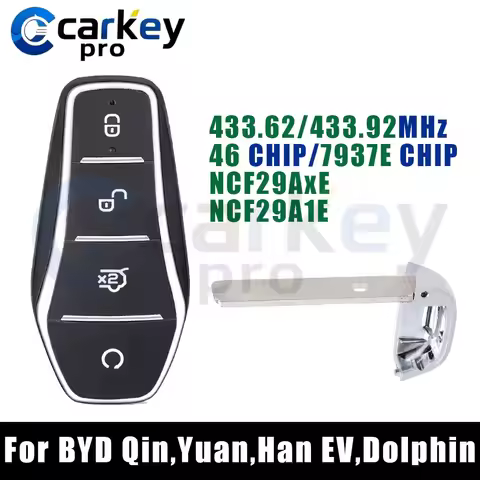 Carkeypro 4 Buttons Smart Car Key 433.62 MHz 433.92 MHz NCF29AxE HITAG 2 46 Chip For BYD Qin Yuan Qi