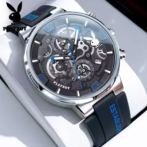 PLAYBOY Chronograph Quartz Watches for Men Elegant Fashion Silicone Strap Waterproof Luminous Auto D