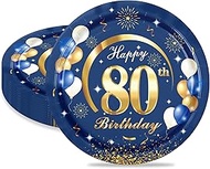 80th Birthday Paper Plates, Pack of 16 Blue with Gold Paper Plates for Men Women 80th Birthday Party