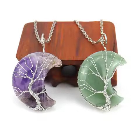 Natural Crystal Pendant Wire Wrap Tree Of Life Big Moon Crescent Mineral Stone Pendulum Amethyst Qua