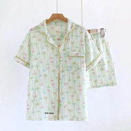 Nữ Mùa Hè Cotton Mỏng 2 Lớp Muslin Váy Ngủ Nữ Tay Ngắn Thoáng Khí Nhẹ Đồ Ngủ Nhà Quần Áo