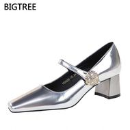 [5cm]BIGTREE Women's Chunky High Heels5288-K89Metal Mid Shallow Mouth Square Toe Heel Women's Shoes