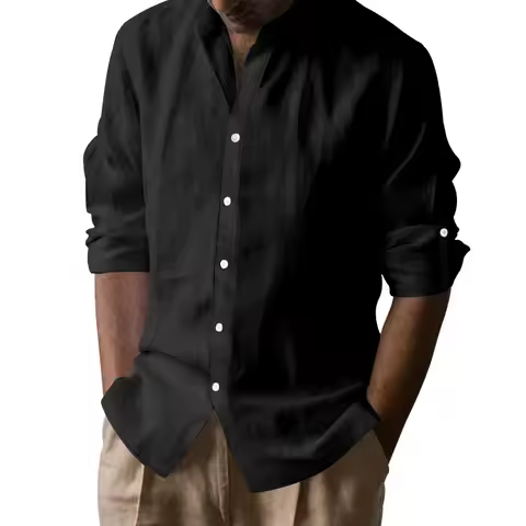 Amazon Cross-border Linen Shirt Men's Long Sleeve Stand Collar Breathable Henry Collar Casual Chines