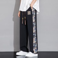 夏季冰絲褲男 國潮風竹子刺繡 直筒休閒運動褲 青少年透氣舒適- K81 黑色 S