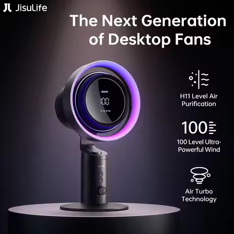 JISULIFE Table Fan Air Purifier and RGB Light Turbo Oscillating Fan H11 HEPA Filter 100 Wind Speeds 