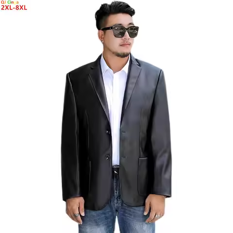 Oversized Men's Long-Sleeve PU Jacket, Black Single-Breasted V-Neck Faux Leather Coat, Asian Sizes X
