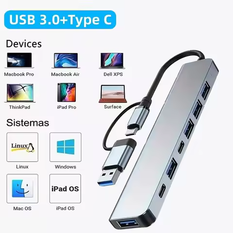 7 In 1 USB 3.0 HUB Type C USB-A Hub Splitter 7 Port USB3.0 With USB-C High Speed Data Transfer Adapt
