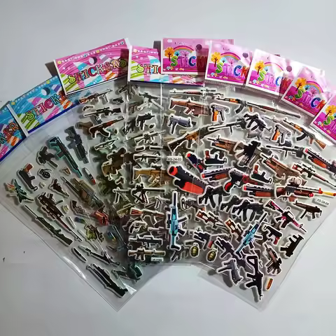 6pcs Pistol Gun Sticker With Sniper Gun AK-47 Desert Eagle M16 Rifle Revolver Submachine Gun Bubble 