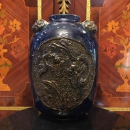 Guci keramik biru motif 2 Naga timbul pajangan Antik
