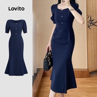 Lovito Casual Dress Button Retro Commute Spring/summer Blue Dress for Women L142ED209 Lovito Gaya Sa
