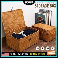 PRADO MALAYSIA Handmade Home Organizer Seagrass Rattan Basket Hamper Retro Woven Picnic Storage Box Stationery Storage Box With Lid Cover Kotak Bakul Rotan Hantaran Kahwin 藤篮 编织篮