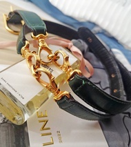 中古孤品 真CELINE 金扣鏈條 綠金 真皮幼腰鏈腰帶皮帶 belt 70碼
