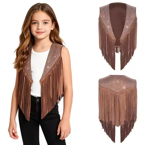 Girls Western Cowgirl Costume Cowboy Cosplay Waistcoat Tassels Fringe Vest Sparkly Rhinestones Sleev