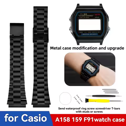 Stainless Steel Case Mod Kit for Casio A158/A159/F-91W - Silver Bezel, Strap & Glass Replacement Too