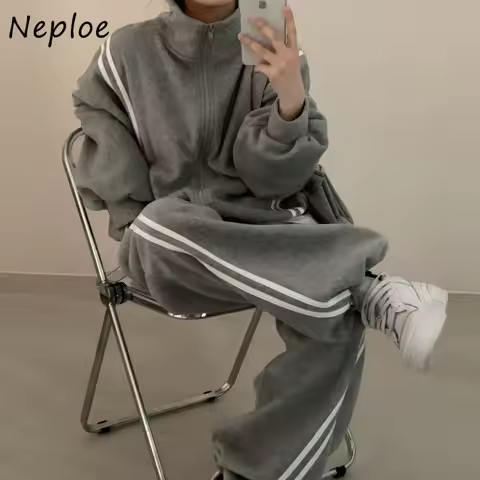 Neploe Korea Lazy Cruel Panelled Set Stand Collar Coat Stripe Casual Wid Leg Pants Loose Lace Up Sli