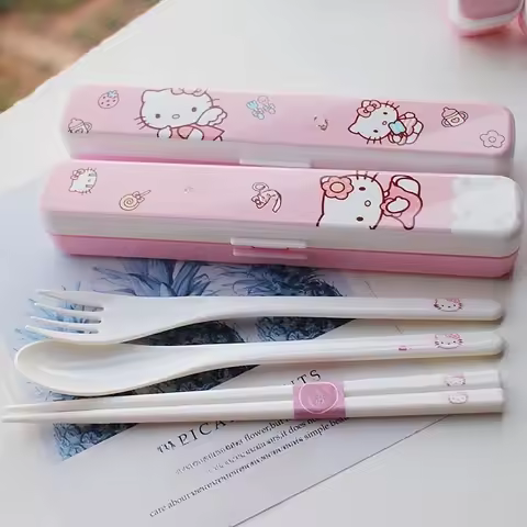 Hello Kitty Cartoon Chopsticks Resin Set – Portable 3-Piece Cutlery Set with Case