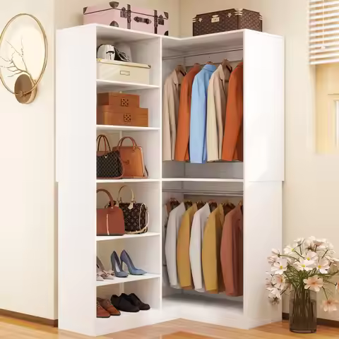 L Shaped Corner Closet System with 3 Rods & 6 Shelves Freestanding Modular Wardrobe Storage 39.4x31.