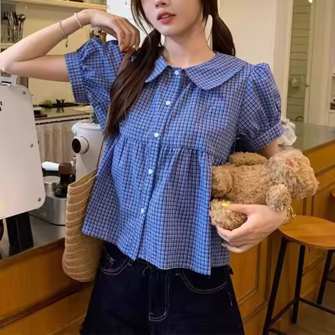 Women Blue Gingham Check Puff Sleeve Blouse Peter Pan Collar Button Front Ruffle Hem Casual Cute Top