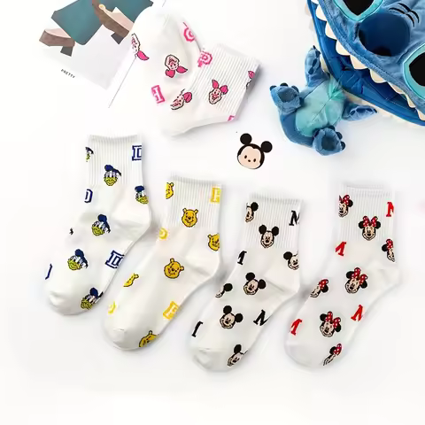 5 pairs Disney Classic Characters Socks Collection - Mickey Mouse Minnie Pooh Piglet Eeyore Prints -