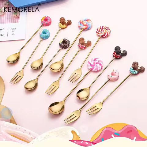 4PCS Stainless Steel Creative Candy Donut Dessert Fork Coffee Spoon Stirring Spoon Cartoon Creative 