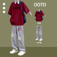 Summer Short-Sleeved Top T-Shirt Half-Sleeved Pure Cotton T688+K81 Jeans Suit S-3XL
