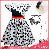 Cruella De Vil Costume For Kids Girl Evil Black White Dress Mask Bag Wig Halloween Party Cosplay Clo