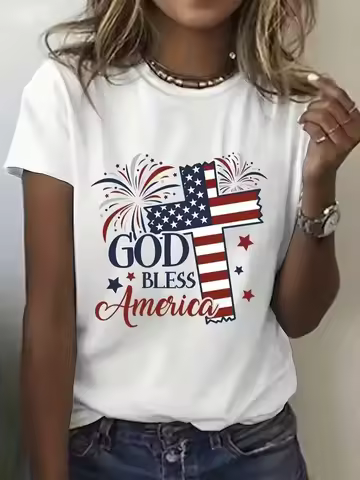God Bless America Tee Wom Patriotic USA Flag Floral Bowknot Print T-Shirt - 4th of July Independence