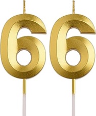66th Birthday Candles, Gold 66 Year Old Number Birthday Candles, Happy Birthday Party Decorations Ca