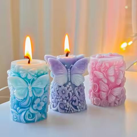 3D Butterfly Flowers Relief Cylinder Candle Mold Handmade Soap Gypsum Form Resin Silicone Mould Cand