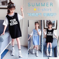 Girl fake two piece short sleeves t-shirt Baju bola keranjang buda perempuan Children oversize sport