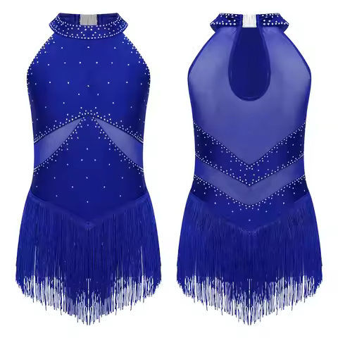 Kids Girls Sleeveless Fringed Bodysuit Moden Latin Jazz Dance Leotard Dress Rhinestones Gymnastics S