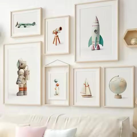 Planet Space Wall Art Canvas Painting Astronaut Rocket Globe Sailboat Fighter Posters ＆ Prints Pictu