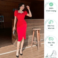 Office Party Dress Designed with Puff Sleeves, U Neck, Stone Applique, Bodycon Diagonal Flap, Umi We
