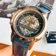 MASERATI瑪莎拉蒂手錶 限量款R8821119005 全自動機械錶 藍色皮帶錶 大直徑男生腕錶 商務通勤手錶 休閒運動手錶 防水手錶