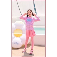 2-12 Yrs Kids Girl teen Floral Plaid Swimwear Long Sleeve Muslimah Swimsuit Anti-UV Baju renang pere
