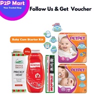 Petpet Baby Diapers Tape Jumbo Pack (Newborn 60+S 56) + Prickly Heat Powder + Agnesia Powder + Mopik