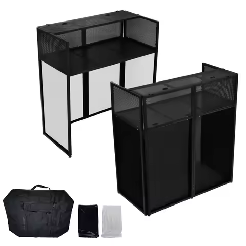 Portable DJ Booth Stand with Metal Frame, Height Adjustable Foldable DJ Table Rack with Black and Wh