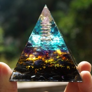 Handmade Orgonite Pyramid Pink Crystal Point In Gold Circle With Amethyst Obsidian Orgone 60mm