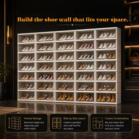 3/6/9-layer foldable stackable plastic shoe cabinet with transparent flip dust-proof doors, modular
