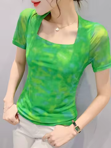 Short Sleeve T-shirts Girls Square Collar Vague Printing Thin Mesh Tshirts High Stretch Slim Tops Fo