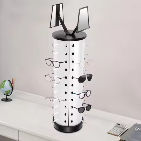 360° Rotating Eyeglasses Display Stand with 44 Holes & 2 Adjustable Mirrors, Floor Mount Optical Sto