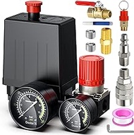 Preciva Air Compressor Pressure Switch Control Valve with 4 Way Valve Air Pressure Regulator 0-180PSI / Safety Pressure Relief Valve/Threads Pipe &amp; Plug