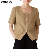 VONDA Women Korean Solid Color Buttons Short Sleeves Square Neck Blazer