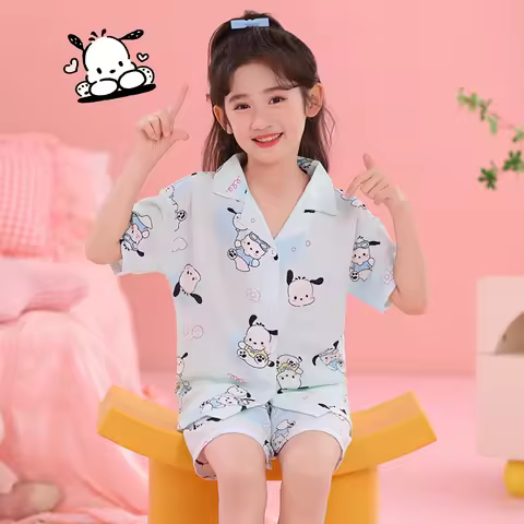 Sanrio Pochacco Hello Kitty Cinnamoroll Children's Pajamas Set Anime Kawaii Cardigan Short Sleeve Gi