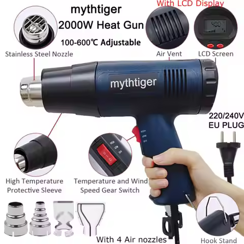mythtiger 2000W Industrial Hair Dryer Air Gun Heating Gun Air Wrap Heat Gun for Welding Shrink Wrapp
